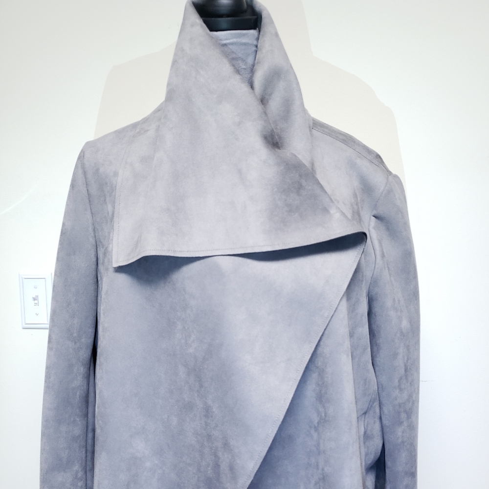 Anne Klein High-Neck Grey Faux Suede Draped Jacket